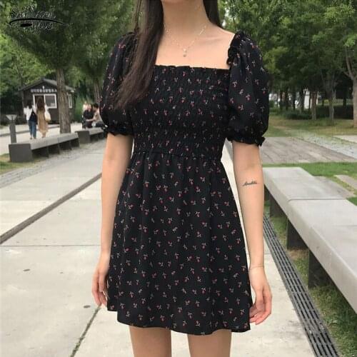 Kawai A Line Vestido Boho Black Mini Vestidos Square Collar Chiffon Floral Dress Verano 2021 Korean Retro Cute Harajuku 14386