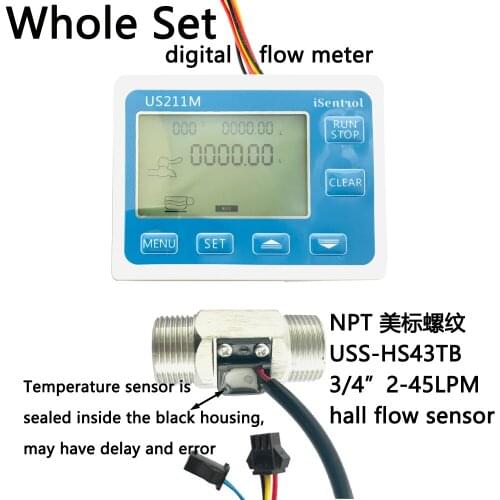 US211M Digital Flowmeter NPT Thread Flow Sensor USS-HS43TBT NPT3/4" DN20 2-45LPM Show Total Current and Total Flow iSentrol