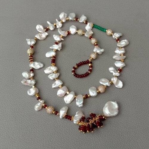YYGEM 25" Cultured top-drilled White Keshi Pearl Red jade Loop sweater chain Necklace vintage style for women party gift