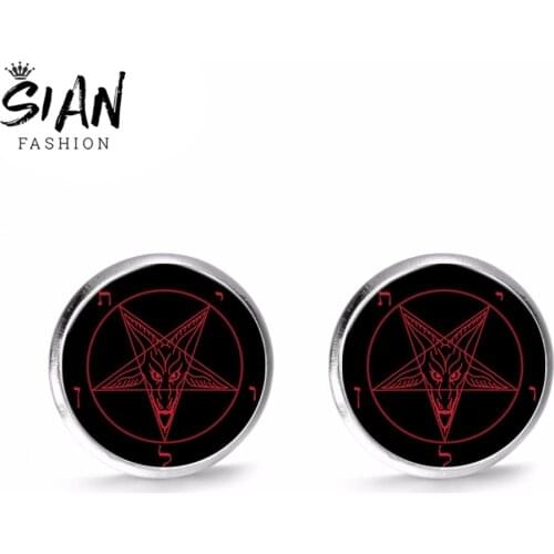 SIAN Retro Gothic Baphomet Inverted Pentagram Stud Earrings Goat Head Totems Silver Plated Glass Satanism Earring For Men Women