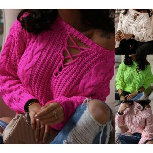 Women Autumn Sweater Solid Color Hollow-Out Round Collar Long-Sleeves Knitted Pullover Tops for Girls