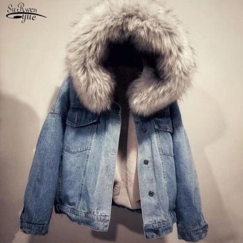 Winter Warm Big Fur Collar Korean Locomotive Lamb Coat Female Velvet Thick Denim Jacket Female Solid Student Short Coat 16760