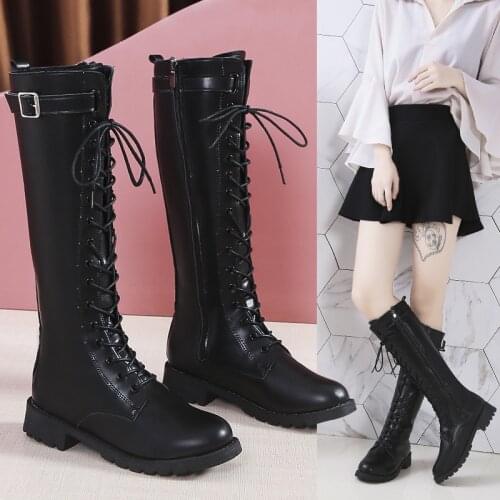 Winter Boots Women Knee High Long Boots Split Leather Fashion Lace-Up Snow Boots Non-slip Black Motorcycle boots Woman 2020 New