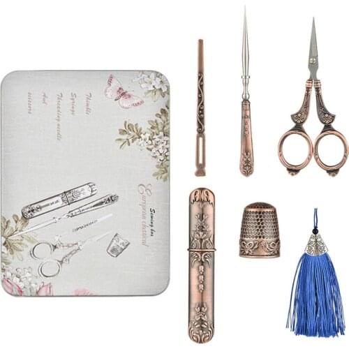 6PCS Vintage European Style Retro Acissors Set Sewing Tools For Home Stainless Steel Thimble Storage Bucket And Tassel Pendant