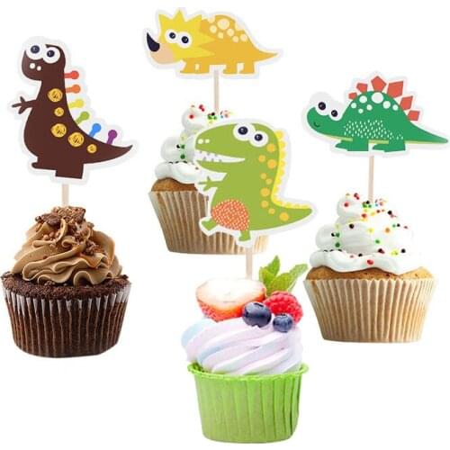 9pcs/set Happy Birthday Dinosaur Theme Paperboard Cupcake Toppers With Sticks Baby Shower Event Party Decorations Cake Toppers