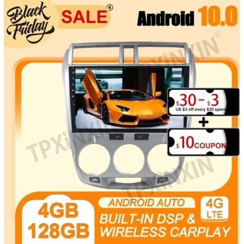 Android 10.0 Carplay 4G+128G PX6 For Honda City 2006-2013 Silver Multimedia Player Auto Radio Tape Recorder GPS Navi Head Unit