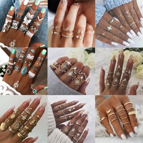 Bohemian Crystal Star Moon Butterfly Rings Vintage Mixed Geometric Joint Knuck Rings Set Women Finger Rings Jewelry