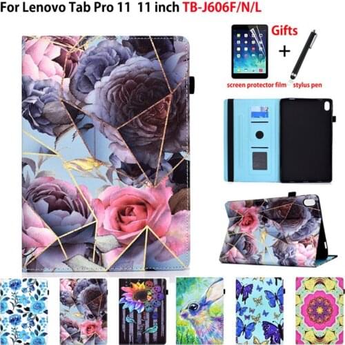 Case For Lenovo Tab P11 Cover Auto Wake Funda For Lenovo Tab P11 TB-J606F J606N J606L Funda Rose flower Print Stand Coque +Gift