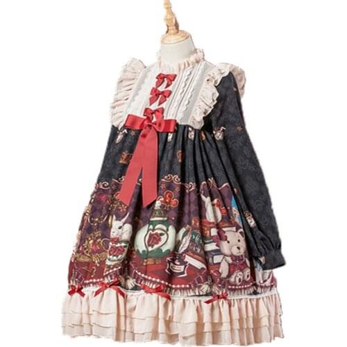Black Lolita Dress Long Sleeve Crown Bear Printed Chiffon Lolita One Piece Dress With Pleated Ruffles