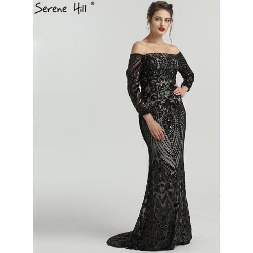 Black Long Sleeve Off Shoulder Sequined Evening Gowns Fashion Mermaid Elegant Sexy Formal Evening Dress 2021 Real Photo LA6476