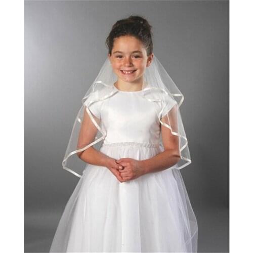 Kids White Ivory Wedding Flower Girls First communion Veils Children Satin Edge 2 Layers Veil Voile Mariage Fille velos de Novia