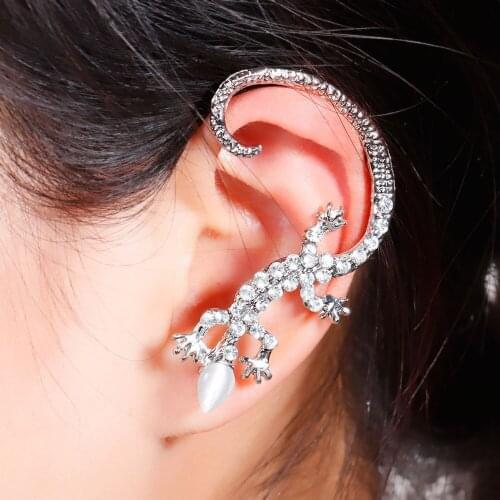 DoreenBeads Ear Cuff Jackets Wrap Earrings For Left Ear Lizard silver color Clear Rhinestone Created Cats Eye 54x 39mm, 1 PC