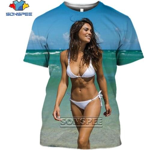 SONSPEE 3D Bikini Print T-shirt Summer Temptation Sexy Three-point Model Swimming Casual Fashion Oversized Mens Shirt