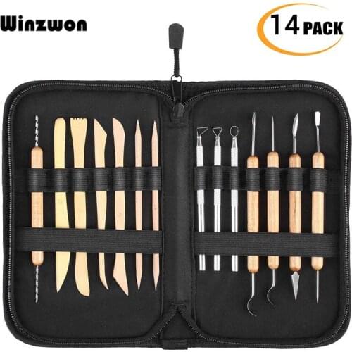 14Pcs Ceramic Polymer Clay Tools Wooden Handle Pottery Carving Sculpting Modeling Tool Set With Storage Canvas Cases