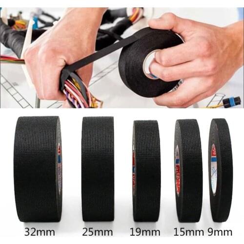 Black Color 1Roll Width 9/15/19/25/32MM Length 15M Wiring Harness Tape Strong Adhesive Cloth Fabric Tape for Looms Cars