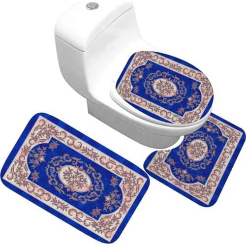 3 Pieces Sets Classic Pattern Toilet Cover Foot Pad Soft Flannel Bath Carpet Rug Bath Mat Non-Slip Absorbent Bathroom Doormat