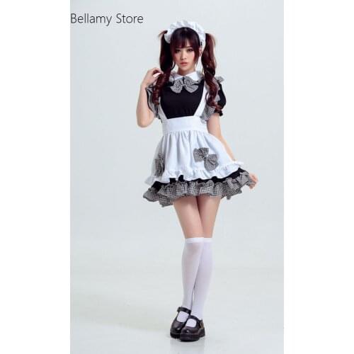 Gothic Lolita Small black and white squares Sweet Bow Pleated lace Cosplay Maid Costume Maid Dress