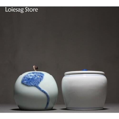 Loiesag Dehua White Porcelain Hand Painted Celadon Lotus Flower Tea Caddy Sealed Tea Caddy Dried Fruit Storage Box Storage Tank