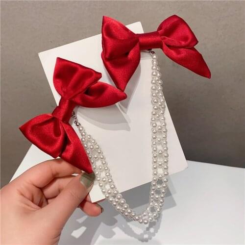Trendy Bow Hairclips Fabric Ribbon Hair Clips for Girls Kids Pearl Chain Hair Jewelry Hairpin Headpiece Women Hair Accessories