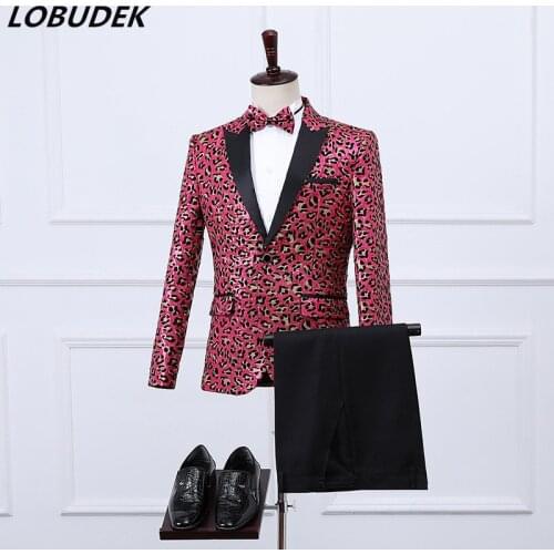 Mens Leopard Suits Rose Sequins Blazers Tie Pants 3-Pieces Set Wedding Host Chorus Groups Performance Suit Singer Stage Costume
