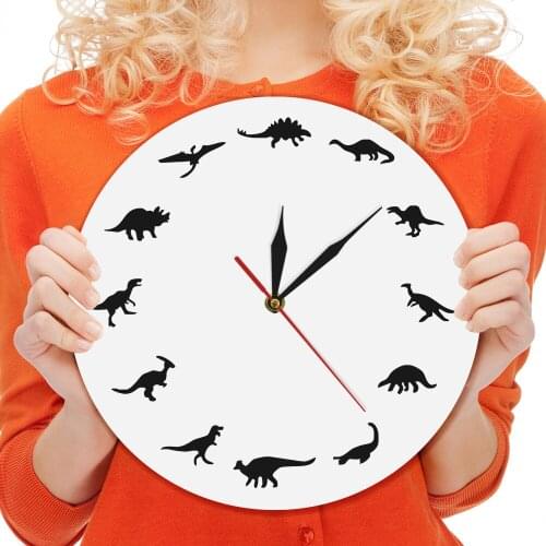 1Piece Dinosaur Breeds Wall Clock 12" Black Plateosaurus Wall Clock Kid Room Decorative Modern Watch Silent White Clock