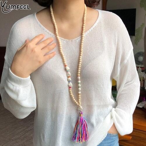 Yumfeel New Women Tassel Necklace Handmade Wood Beads Nugget Stones Pendant Necklace Jewelry