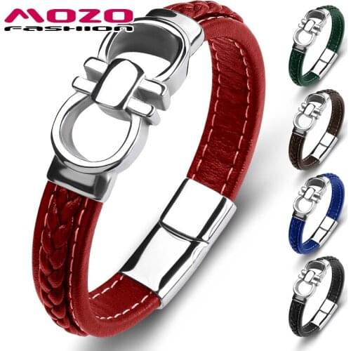 New Retro Men Bracelet Genuine Leather Stainless Steel Charm Women High Quality Bangles Red