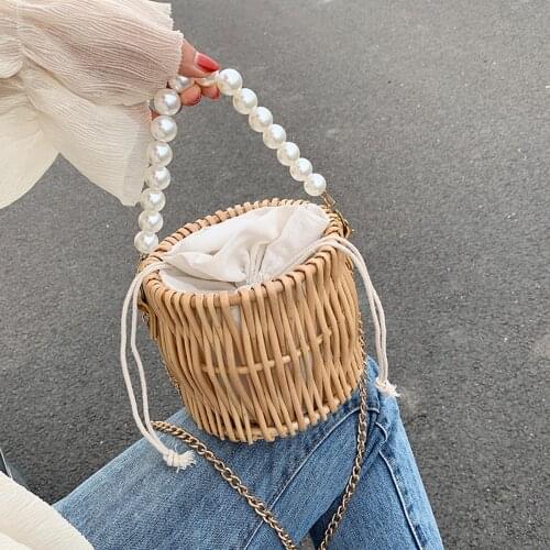 Hand Woven Rattan Straw Bag Crossbody Beach Handbag For Women Bucket Bag