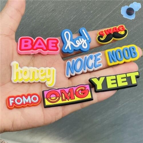 Single Sale BAE Honey Hey YEET English Alphabet Shoe Charms Accessories Decoration PVC Croc jibz Buckle for Children X-Mas Gifts