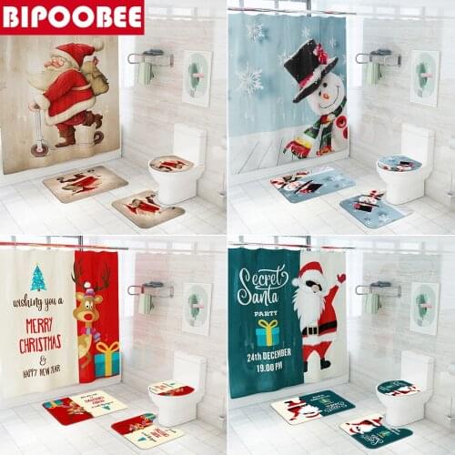 Merry Christmas Bathroom Shower Curtains Set Santa Claus Snowman Elk Bath Mat Cover Lid Toilet Bathtub Curtain with 12 Hooks