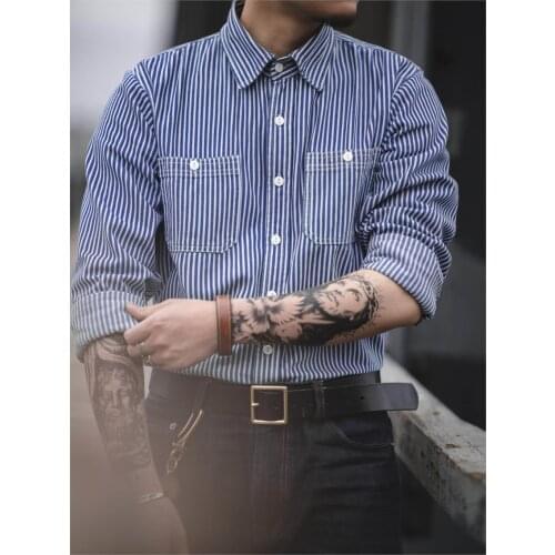 Firmranch Men/Women Fall Winter Spring NEW Vertical Stripe Mans Shirt American Vintage Casual Amekaji Long Sleeves Cargo Blouse