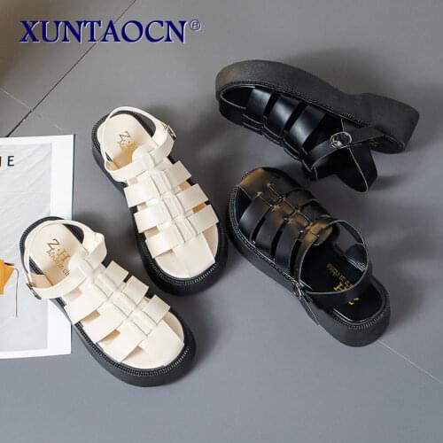 Womens Sandals 2021 Summer Flat Platform Sandal Thick Bottom PU Leather Fashion Female Footwear Buckle Strap Ladies Shoes