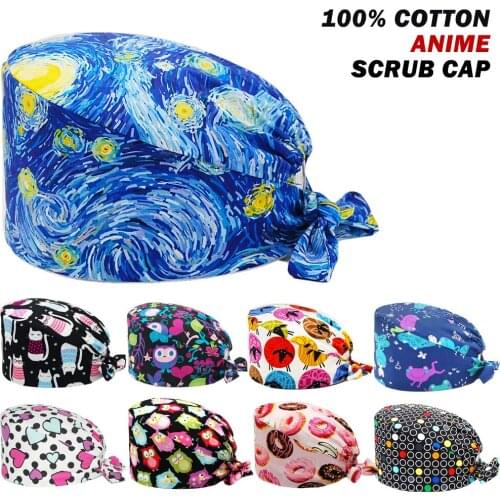 Wholesale Surgicals Cap 100% Cotton Anime Printing Adjustable Beauty Salon Working Nursing Caps Laboratory Pet Shop Scrub Hats