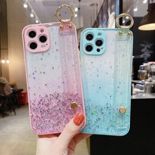 Luxury Bling Glitter Wristband Silicone Phone Case For iPhone 12 11 Pro XS Max SE XR X 8 7 6 Plus Ultra-thin Cute Lanyard Cover