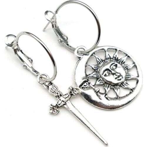 Unique Earrings Sun & Dagger Earrings Hoop Pagan Gothic Hoops Earrings Sun and Moon Earrings Handmade Asymmetrical Earrings Gift