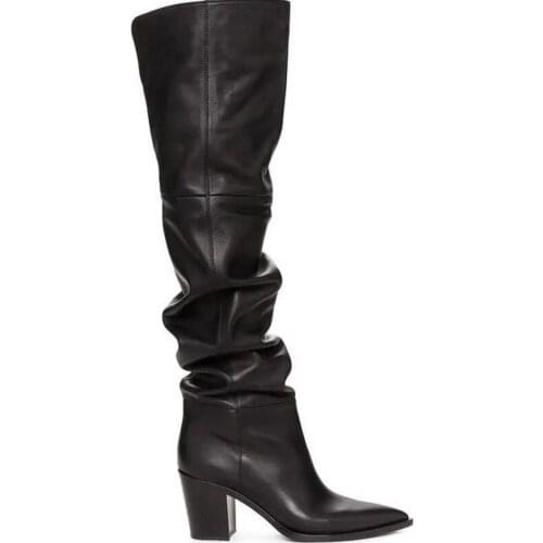 Boots Women Sexy 100% Cow Leather Over The High Boots Western Autumn Winter Boots Chunky High Heels Boots Big Size 44 45