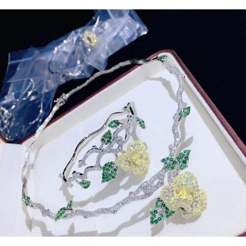 Jewelry set 925 sterling silver with cubic zircon rose flower necklace and bracelet bangle fine women jewelry free shipping