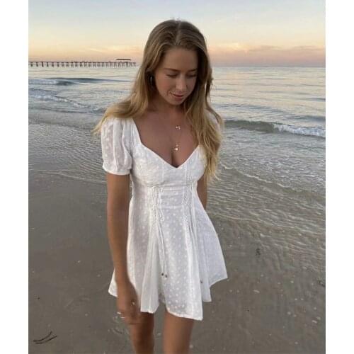 LMQ NEW White Lace Retro Square Collar Cross Tie Waist Dress Summer Beach Hollow Out Off Shoulder Embriodery Puff Sleeve Dress