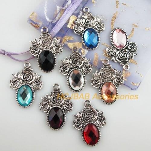 8 New Rose Flower Charms Tibetan Silver Tone Retro Mixed Crystal Pendants 23x32mm