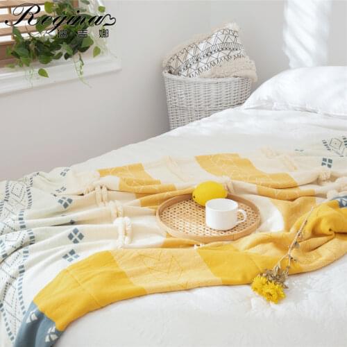 REGINA Brand Cotton Tufted Throw Blanket Tassels Yellow Grey Soft Knit Blanket Throw For Sofa Bed Elegant Travel Office Throws