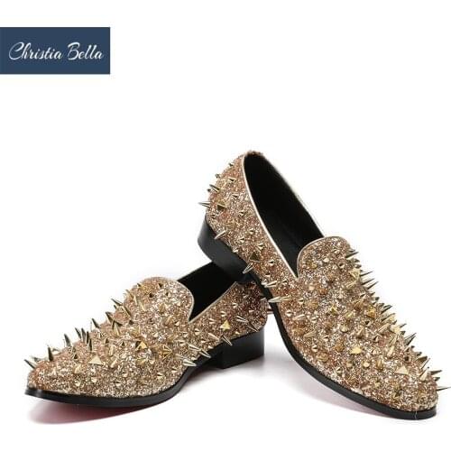 Christia Bella Fashion Tide Of Men Loafer Shoes Full Rivets Glitter Casual Comfort Slip On Flats Round Toe Trending Flats Shoes