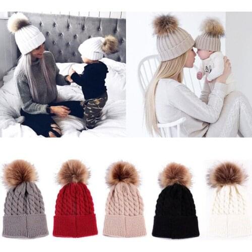 Mommy And Me Caps Women Kids Girls Boys Baby Knit Pom Bobble Hat Winter Warm Beanie Caps winter babymode