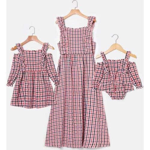 Summer Family Matching Outfits Cotton Plaid Mother And Daughter Dress Girls Long-Sleeve Offshoulder Sling Skirt Baby Girl Romper