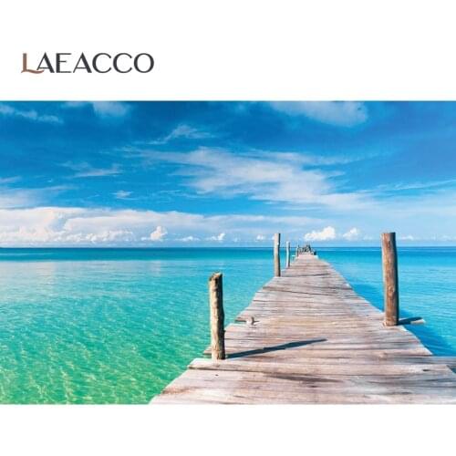Laeacco Summer Holiday Seaside Plank Road Blue Sky Sea Scenic Photo Background Photographic Backdrop For Photo Studio Photocall