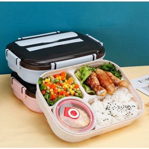 1000ml Wheat Straw Lunch Box With Stainless Steel Soup Bowl 4 Partition Bento Box Microwave Food Storage Container BPA Free