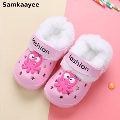 2-8y Kids Mules Clogs Winter Boys Girls Home Slippers Cartoon Octopus Toddler Flat Indoor Non-Slip Children Warm Garden Shoes 16