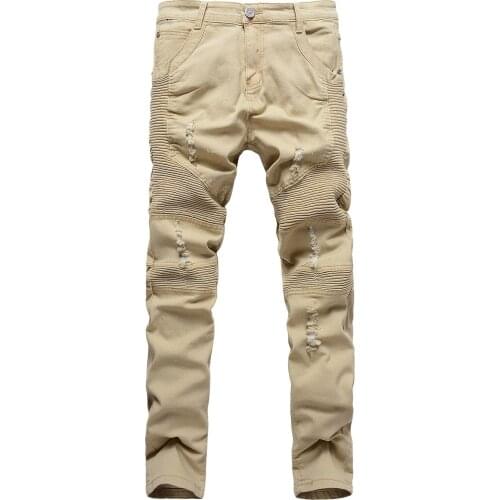 2017 New man ripped Frayed biker jeans for men skinny destroyed Washed khaki designer hip hop swag rock