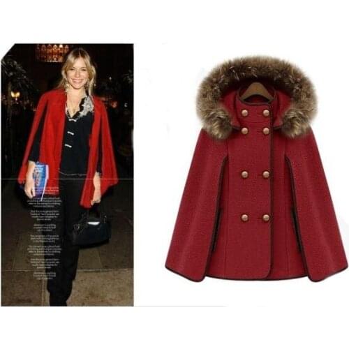 Celebrity Fashion Style Handsome Hooded Woolen Cloak, Unique Batwing Sleeve Womens Winter Wool Coat with Faux Fur Hood