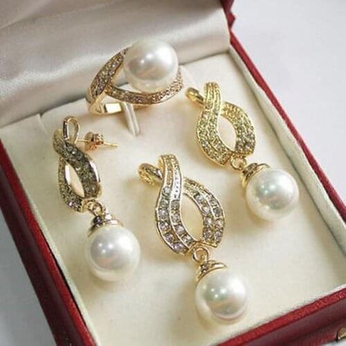 Prett Lovely Womens Wedding 12mm White Shell Pearl Pendant Necklace Earrings Ring Set 5.23 5.23