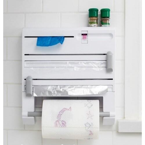 Six-in-one Function Multipurpose Shelf storage box paper holder plastic wrap cutter Dispenser Preservative Film Cutter Tool